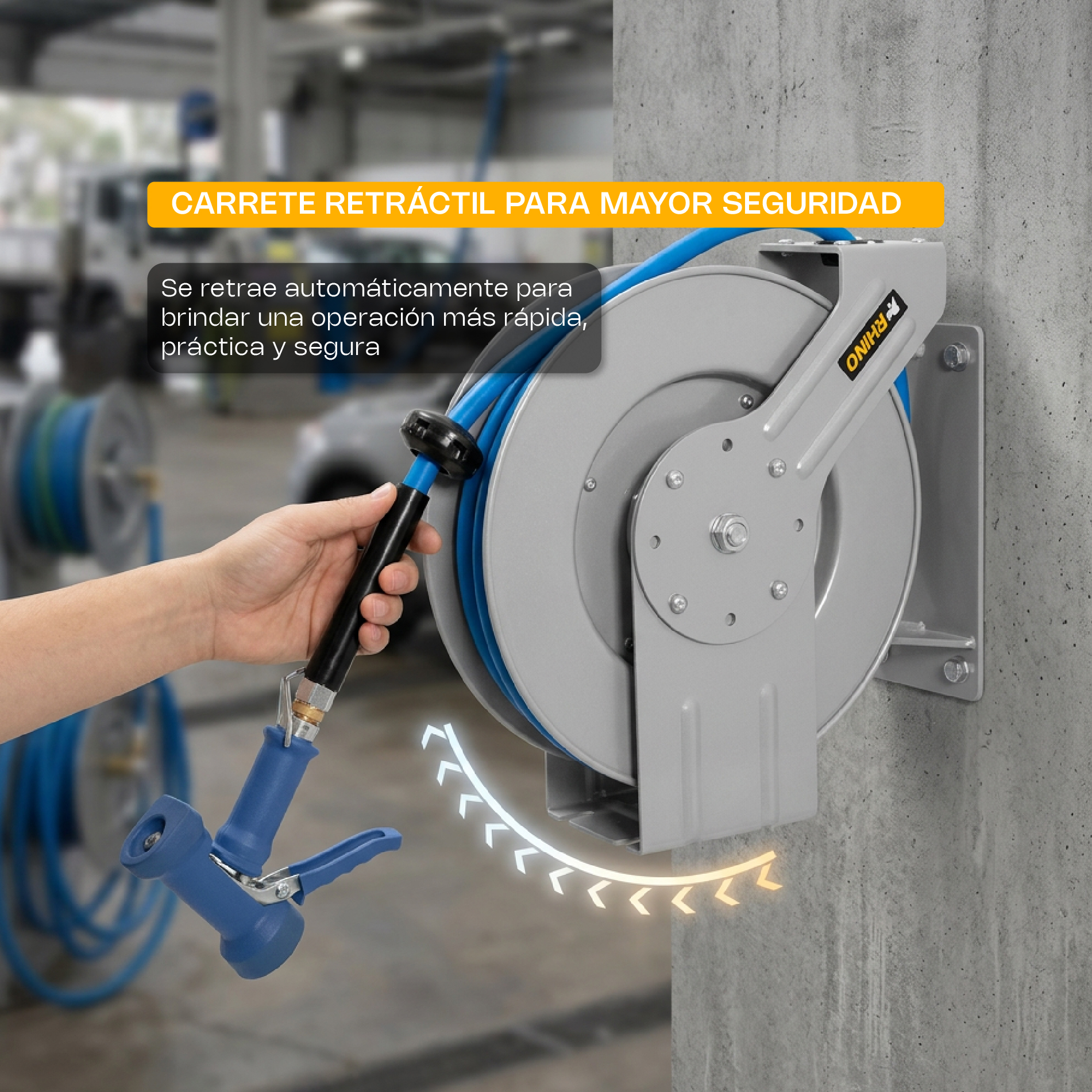 MANGUERA CON PISTOLA Y CARRETE RETRACTIL DE ACERO INOXIDABLE RHINO - Imagen 4